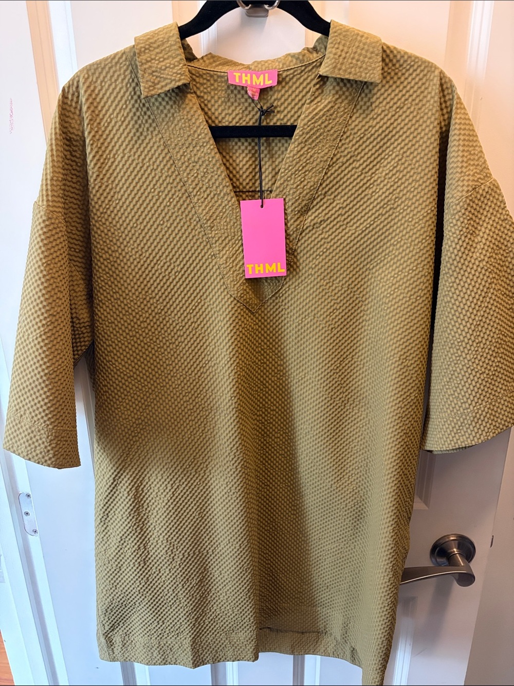 THML Olive Textured V-Neck Tunic Top